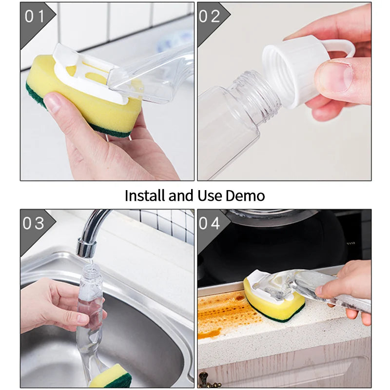 2 In 1 Kitchen Cleaning Brush Long Handle Pot Dish Sponge Dishwashing Scrubber Liquid Soap Dispenser Removable Cleaner Wash Wipe