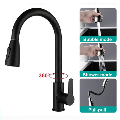 Stainless steel kitchen faucet, single-hole pull-out spout, kitchen sink mixing faucet, 360° rotating cleaning faucet