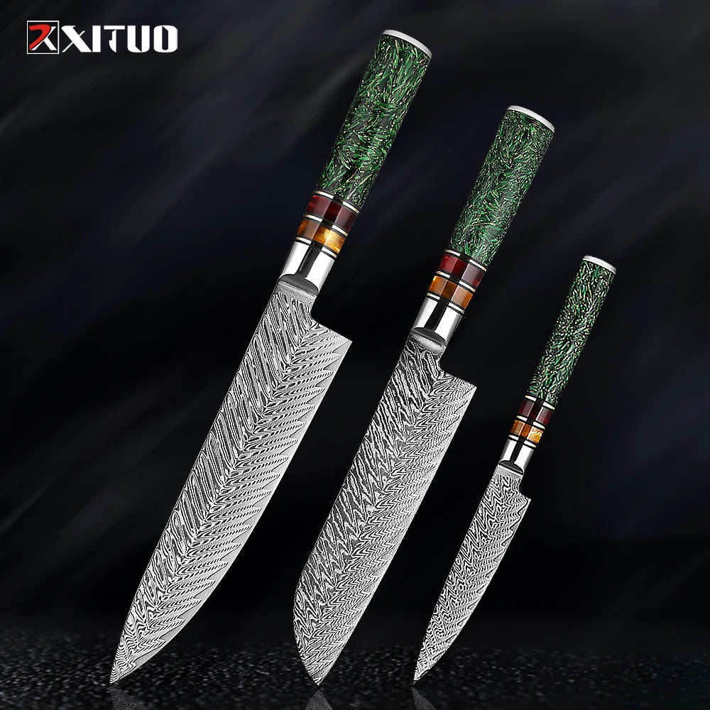XITUO Luxury Damascus Kitchen Knife Set Japan Chef Santoku Knife Cleaver Paring Bread Knife Featured Resin Synthesis Handle