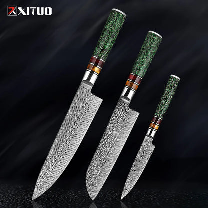 XITUO Luxury Damascus Kitchen Knife Set Japan Chef Santoku Knife Cleaver Paring Bread Knife Featured Resin Synthesis Handle
