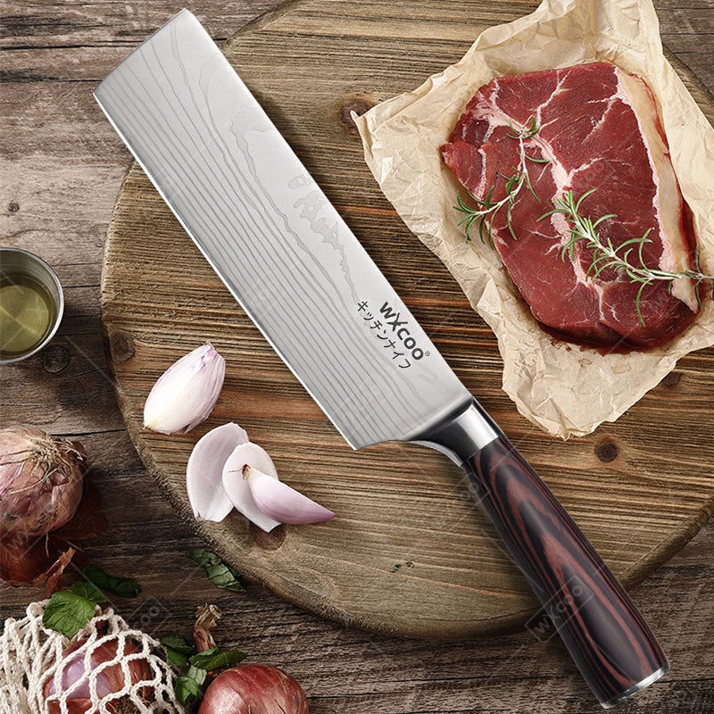 WXCOO Santoku Knife Set Japanese Butcher Carving Bread Fruit Meat Cleaver Boning High Carbon Steel Kitchen Knives