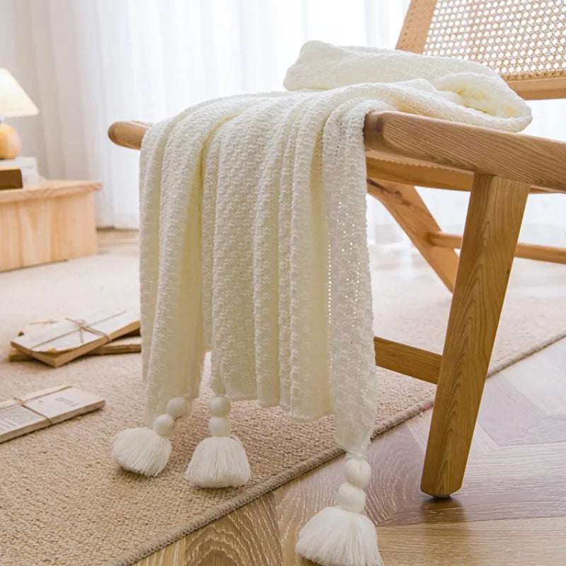 Nordic Retro Chunky Tassel Throw Blanket Boho Knitted Sofa Cover with Large Pompoms Waffle Texture Bed Runner for Living Room