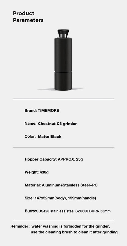 TIMEMORE Chestnut C3 Manual Coffee Grinder Portable Pour over Espresso Grinder S2C Burr Inside Hand Grinder With Double Bearing