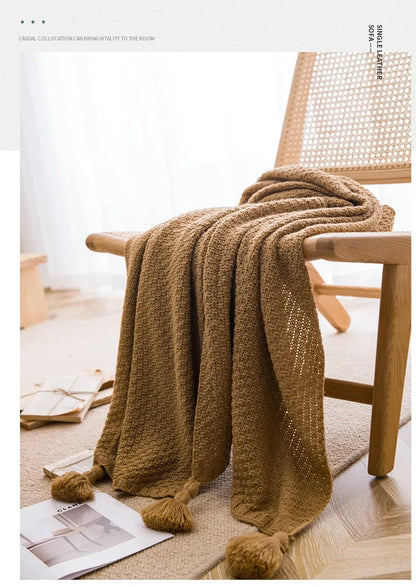 Nordic Retro Chunky Tassel Throw Blanket Boho Knitted Sofa Cover with Large Pompoms Waffle Texture Bed Runner for Living Room