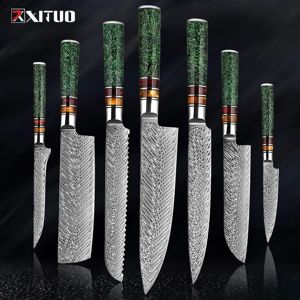XITUO Luxury Damascus Kitchen Knife Set Japan Chef Santoku Knife Cleaver Paring Bread Knife Featured Resin Synthesis Handle