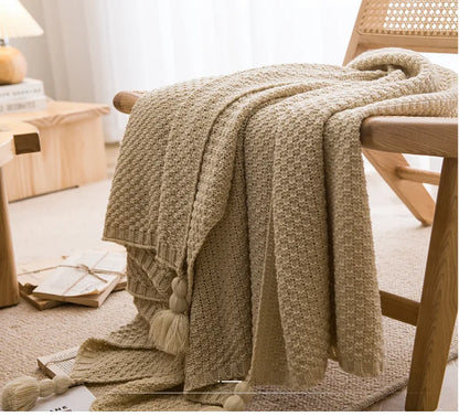Nordic Retro Chunky Tassel Throw Blanket Boho Knitted Sofa Cover with Large Pompoms Waffle Texture Bed Runner for Living Room