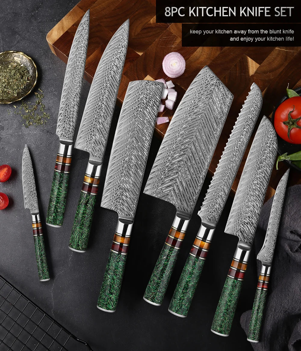 XITUO Luxury Damascus Kitchen Knife Set Japan Chef Santoku Knife Cleaver Paring Bread Knife Featured Resin Synthesis Handle