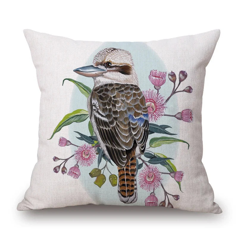 Australian Native Local Birds And Plants Cushion Cover Kookaburra Possum Gumleaves Gumnuts Floral Print Pillow Case