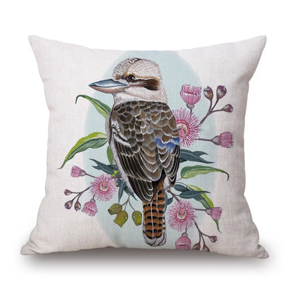 Australian Native Local Birds And Plants Cushion Cover Kookaburra Possum Gumleaves Gumnuts Floral Print Pillow Case