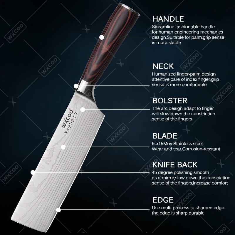 WXCOO Santoku Knife Set Japanese Butcher Carving Bread Fruit Meat Cleaver Boning High Carbon Steel Kitchen Knives