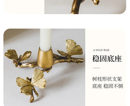 Golden metal brass candle holder, ginkgo leaves, European style, ancient desktop crafts, home decoration candle holders