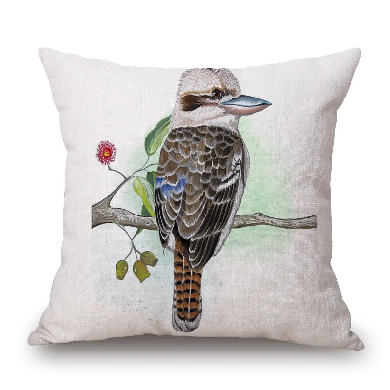 Australian Native Local Birds And Plants Cushion Cover Kookaburra Possum Gumleaves Gumnuts Floral Print Pillow Case