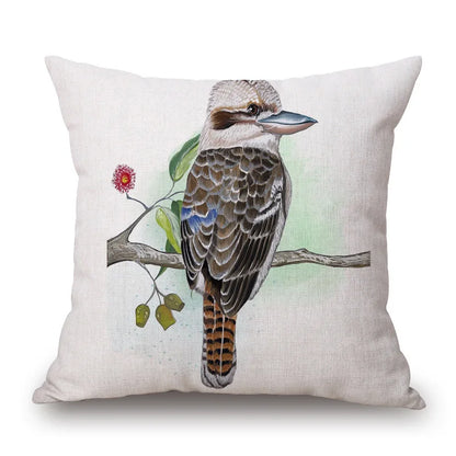 Australian Native Local Birds And Plants Cushion Cover Kookaburra Possum Gumleaves Gumnuts Floral Print Pillow Case