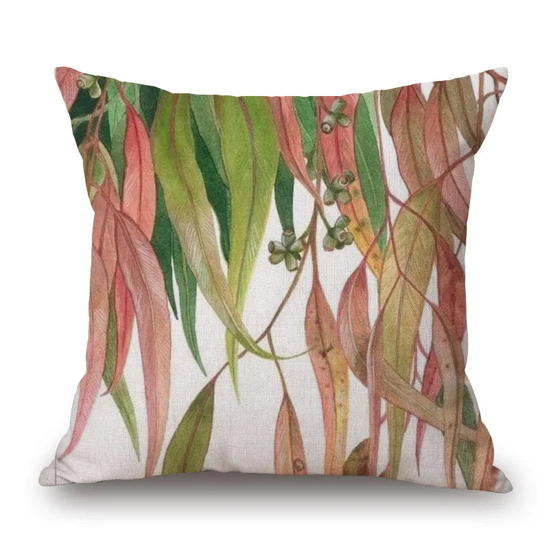 Australian Native Local Birds And Plants Cushion Cover Kookaburra Possum Gumleaves Gumnuts Floral Print Pillow Case