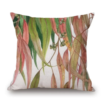 Australian Native Local Birds And Plants Cushion Cover Kookaburra Possum Gumleaves Gumnuts Floral Print Pillow Case