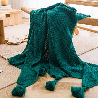 Nordic Retro Chunky Tassel Throw Blanket Boho Knitted Sofa Cover with Large Pompoms Waffle Texture Bed Runner for Living Room