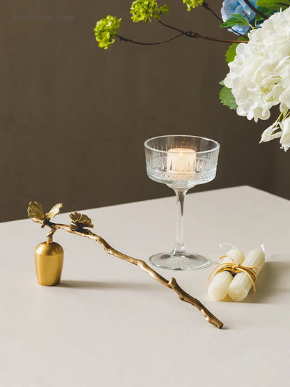 Golden metal brass candle holder, ginkgo leaves, European style, ancient desktop crafts, home decoration candle holders