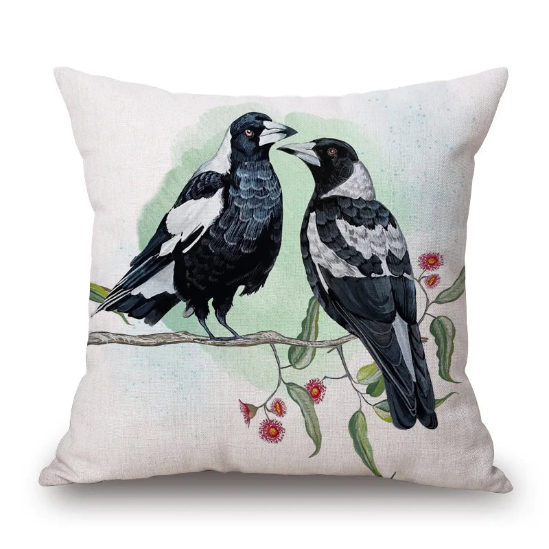 Australian Native Local Birds And Plants Cushion Cover Kookaburra Possum Gumleaves Gumnuts Floral Print Pillow Case