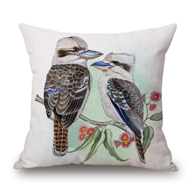Australian Native Local Birds And Plants Cushion Cover Kookaburra Possum Gumleaves Gumnuts Floral Print Pillow Case