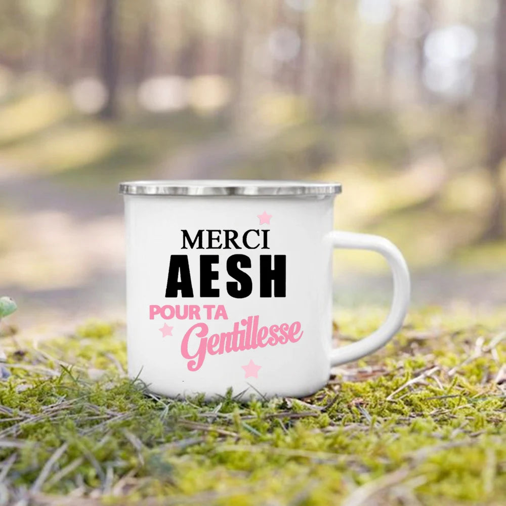 Merci Aesh Print Mugs Creative Coffee Cups Drinks Water Enamel Cup School Handle Drinkware Best Graduation Thanks Gifts for Aesh