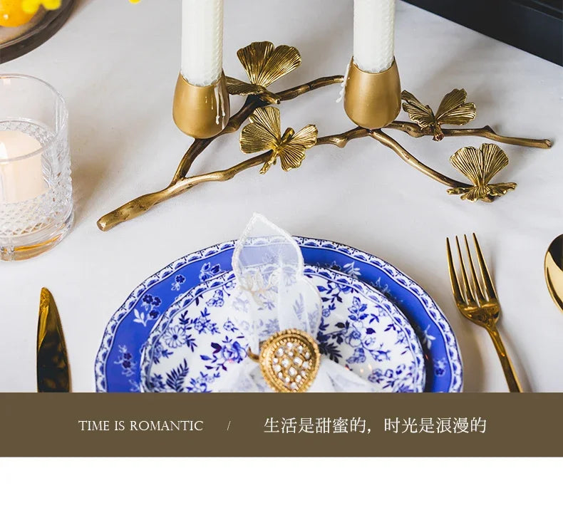 Golden metal brass candle holder, ginkgo leaves, European style, ancient desktop crafts, home decoration candle holders