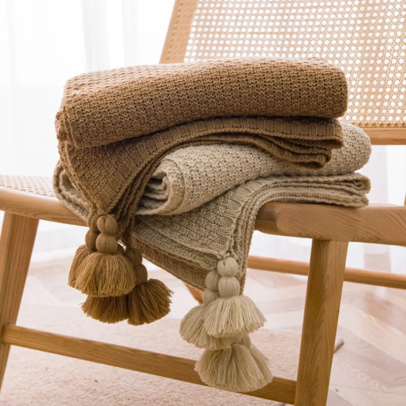 Nordic Retro Chunky Tassel Throw Blanket Boho Knitted Sofa Cover with Large Pompoms Waffle Texture Bed Runner for Living Room