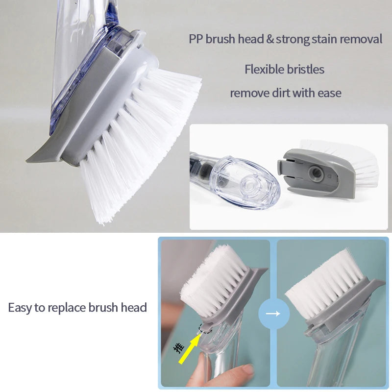 2 In 1 Kitchen Cleaning Brush Long Handle Pot Dish Sponge Dishwashing Scrubber Liquid Soap Dispenser Removable Cleaner Wash Wipe