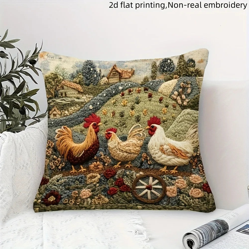 Farmyard Charm: 2D Flat-Printed Pillow with Stylish Chickens and Scenic Design Sofa cushion cover, home decoration, 2D printing