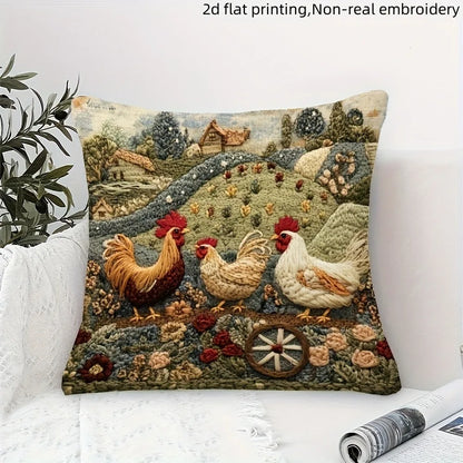 Farmyard Charm: 2D Flat-Printed Pillow with Stylish Chickens and Scenic Design Sofa cushion cover, home decoration, 2D printing