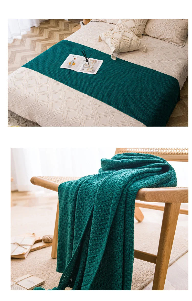 Nordic Retro Chunky Tassel Throw Blanket Boho Knitted Sofa Cover with Large Pompoms Waffle Texture Bed Runner for Living Room
