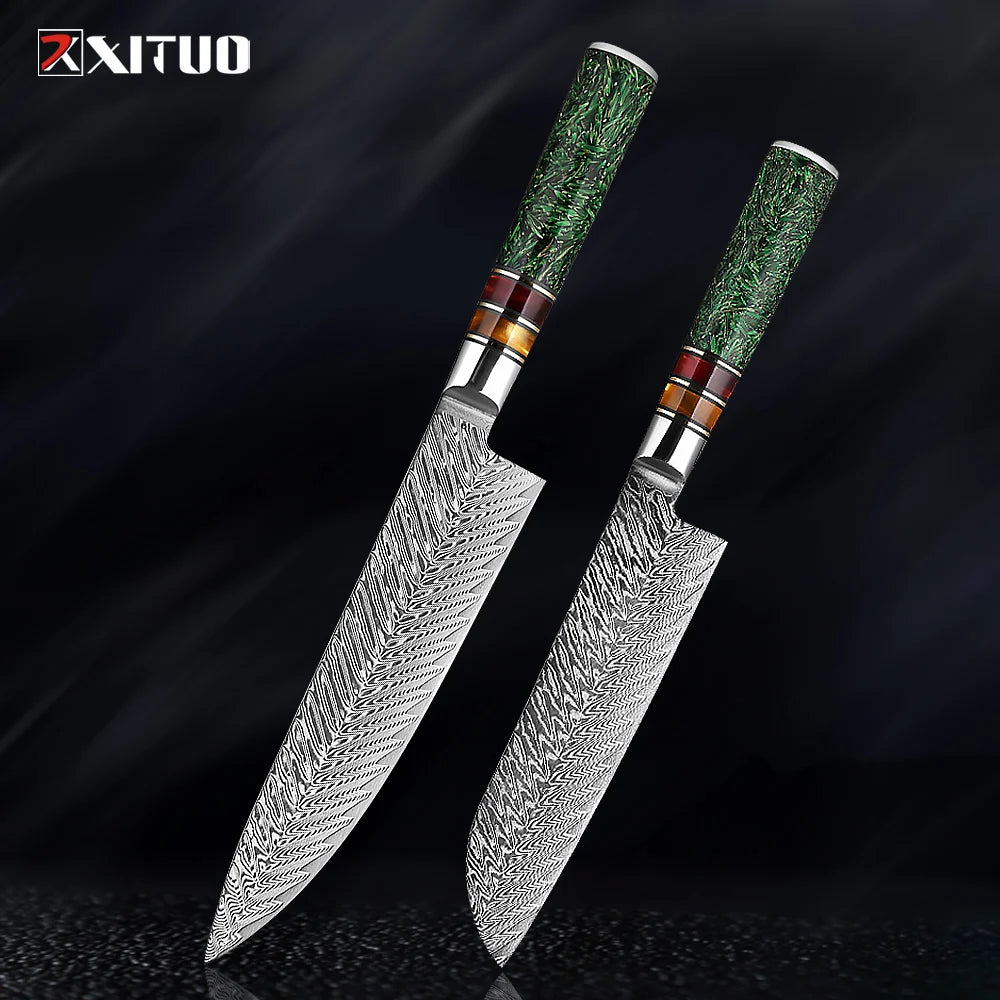 XITUO Luxury Damascus Kitchen Knife Set Japan Chef Santoku Knife Cleaver Paring Bread Knife Featured Resin Synthesis Handle