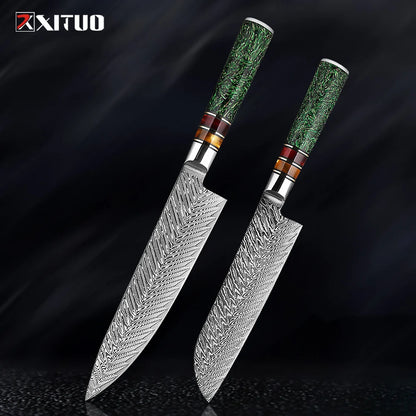 XITUO Luxury Damascus Kitchen Knife Set Japan Chef Santoku Knife Cleaver Paring Bread Knife Featured Resin Synthesis Handle