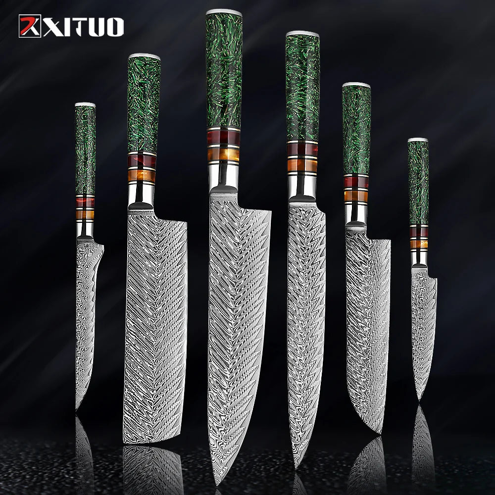 XITUO Luxury Damascus Kitchen Knife Set Japan Chef Santoku Knife Cleaver Paring Bread Knife Featured Resin Synthesis Handle