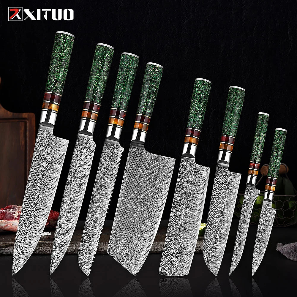 XITUO Luxury Damascus Kitchen Knife Set Japan Chef Santoku Knife Cleaver Paring Bread Knife Featured Resin Synthesis Handle