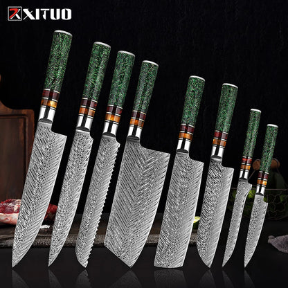XITUO Luxury Damascus Kitchen Knife Set Japan Chef Santoku Knife Cleaver Paring Bread Knife Featured Resin Synthesis Handle