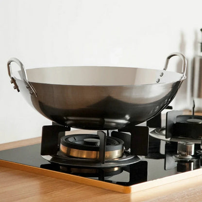 Stainless Steel Double Ear Chef Fry Wok Gas Cooker Traditional Handmade Pot Non Coating Woks