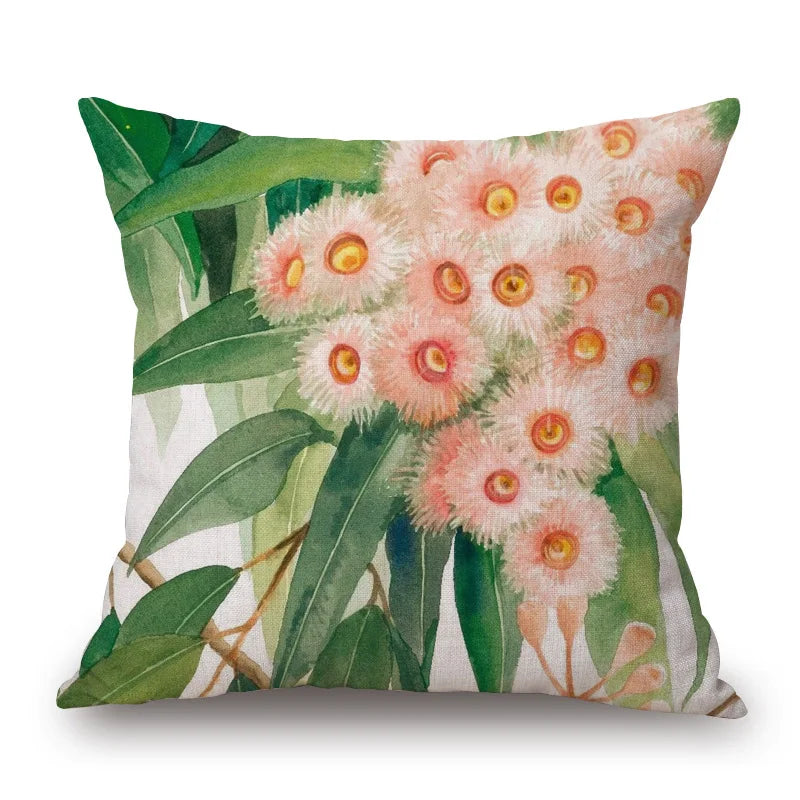 Australian Native Local Birds And Plants Cushion Cover Kookaburra Possum Gumleaves Gumnuts Floral Print Pillow Case