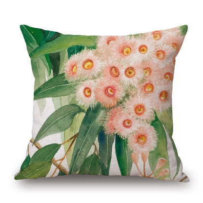 Australian Native Local Birds And Plants Cushion Cover Kookaburra Possum Gumleaves Gumnuts Floral Print Pillow Case