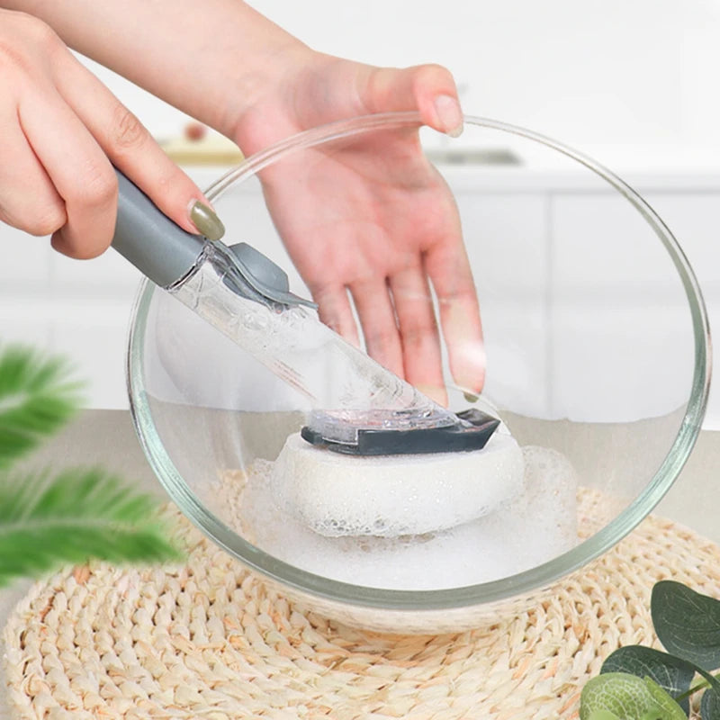 2 In 1 Kitchen Cleaning Brush Long Handle Pot Dish Sponge Dishwashing Scrubber Liquid Soap Dispenser Removable Cleaner Wash Wipe