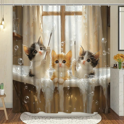 Cartoon kitten bubble bath Shower Curtain Washable Dirt-Resistant Shower Head waterproof Polyester Bath Curtain For Home Decor