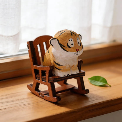 Cute Handmade Decorative Wooden Tiger Figurine Mini Animal Ornament Statue Carving Home Room Desktop accessories Decor Gift