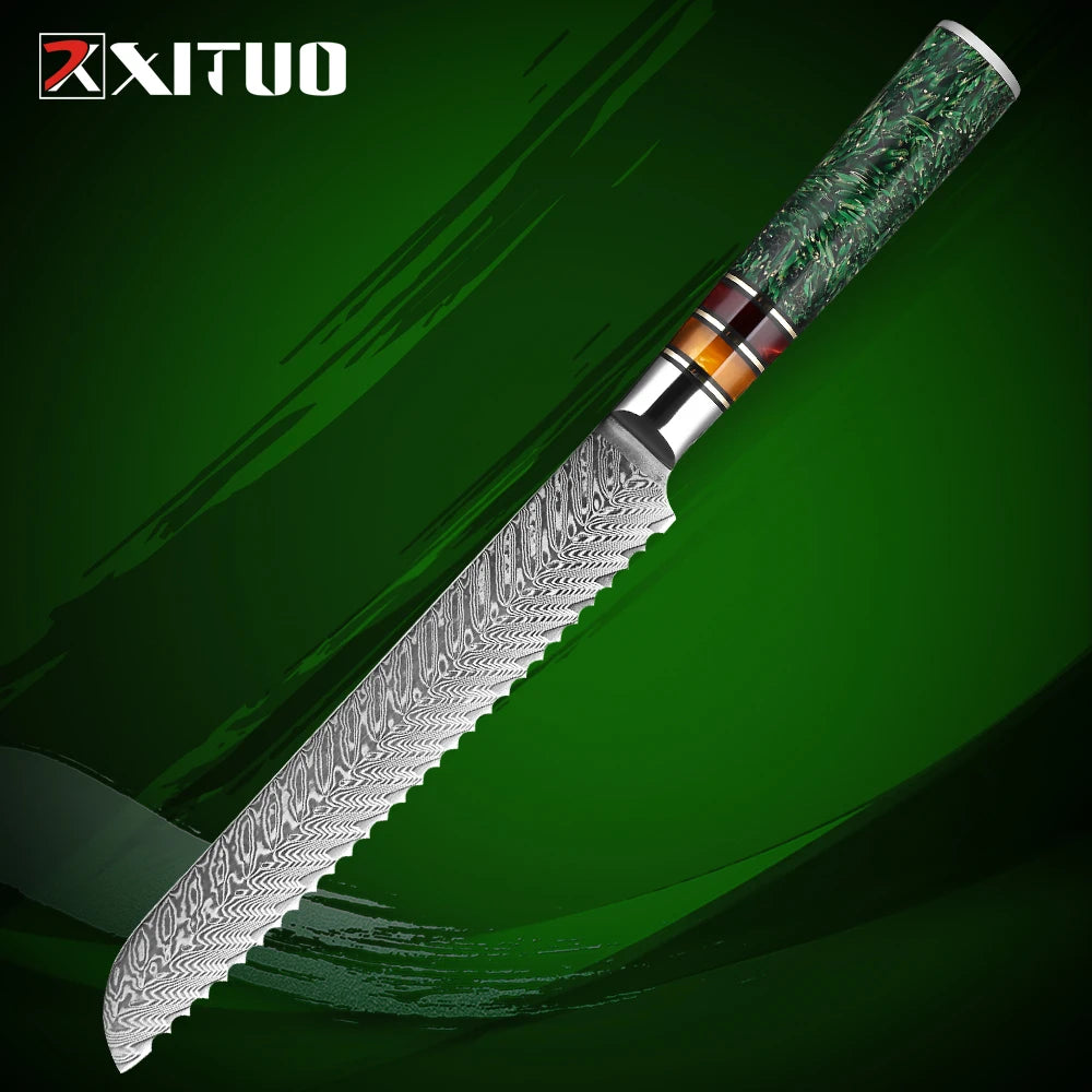 XITUO Luxury Damascus Kitchen Knife Set Japan Chef Santoku Knife Cleaver Paring Bread Knife Featured Resin Synthesis Handle