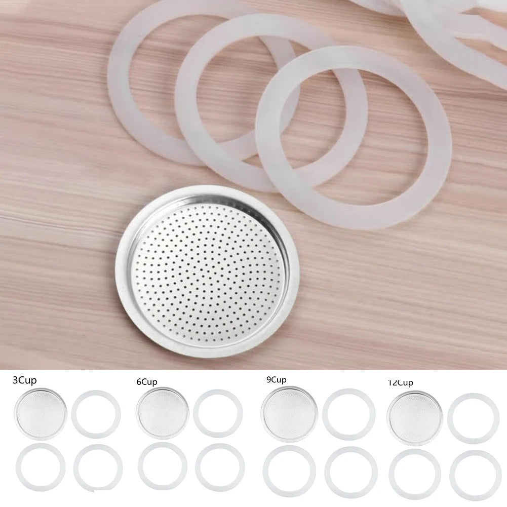 Seal Silicone Ring Gaskets And Aluminum Filters Replacement Kit For Kitchen Moka Pot Espresso Coffee Makers Accessories