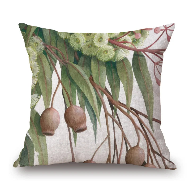 Australian Native Local Birds And Plants Cushion Cover Kookaburra Possum Gumleaves Gumnuts Floral Print Pillow Case