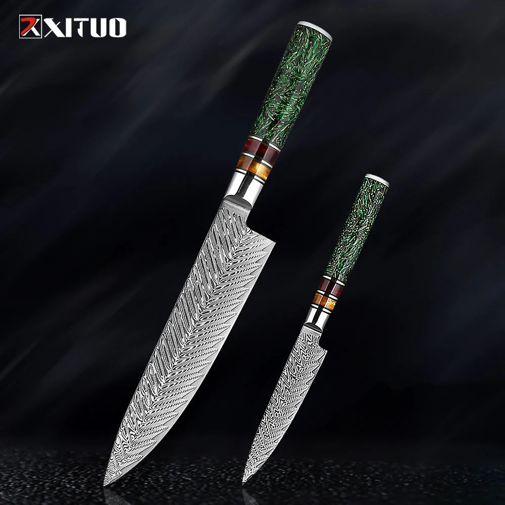 XITUO Luxury Damascus Kitchen Knife Set Japan Chef Santoku Knife Cleaver Paring Bread Knife Featured Resin Synthesis Handle