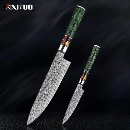 XITUO Luxury Damascus Kitchen Knife Set Japan Chef Santoku Knife Cleaver Paring Bread Knife Featured Resin Synthesis Handle