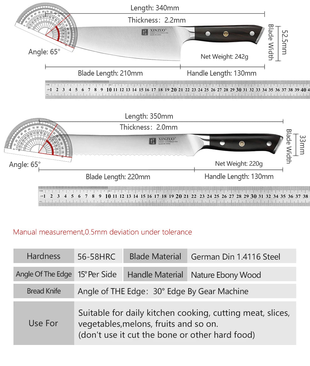 XINZUO 1-5PCS Stainless Steel Knives Set GERMANY 1.4116 Steel Chef Bread Utility Santoku Petty Knives Cooking Tools Ebony Handle