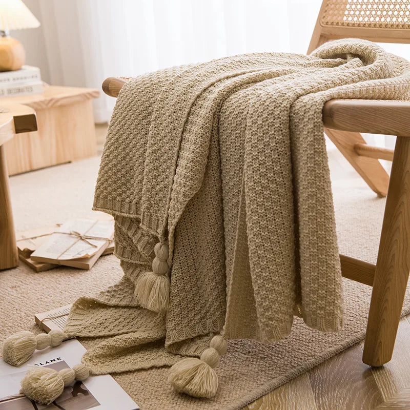 Nordic Retro Chunky Tassel Throw Blanket Boho Knitted Sofa Cover with Large Pompoms Waffle Texture Bed Runner for Living Room