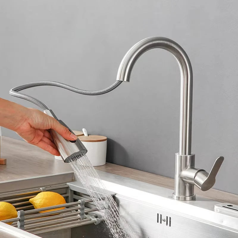 Stainless steel kitchen faucet, single-hole pull-out spout, kitchen sink mixing faucet, 360° rotating cleaning faucet