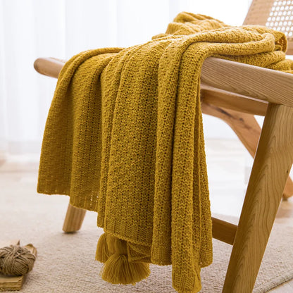 Nordic Retro Chunky Tassel Throw Blanket Boho Knitted Sofa Cover with Large Pompoms Waffle Texture Bed Runner for Living Room